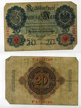 ГЕРМАНИЯ 20 МАРОК 1910 7 значный номер Pick 40 b бумага 6283-7-3