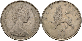 Великобритания 10 пенсов 1971 Елизавета II (1952-2022) KM 912, Spink 4231 (F1) медно-никель 4599-311