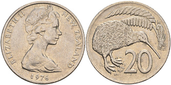 Новая Зеландия 20 центов 1976 Елизавета II (1952-2022), птичка киви KM 36.1 медно-никель 4131-1132