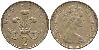 Великобритания 2 пенса 1971 Елизавета II (1952-2022) KM 916, Spink 4235 (C1) бронза 4397-422