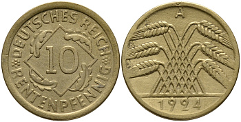 ГЕРМАНИЯ 10 РЕНТЕНПФЕННИГОВ 1924 А KM 33, J. 309, Weege 8 алюминиевая бронза 51-425
