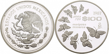 МЕКСИКА 100 ПЕСО 1987 СЕРИЯ 25 ЛЕТ ЗАЩИТЕ ОКРУЖАЮЩЕЙ СРЕДЫ, БАБОЧКА МАХАОН KM 537 серебро PROOF 00-00