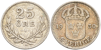 Швеция 25 эре 1930 G, Густав V (1907-1950) KM 785 серебро 4147-937