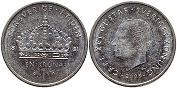 Швеция 1 крона 2008 Карл XVI Густав (1973- ) KM 894 медно-никель 85-1047