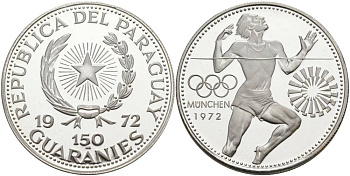 ПАРАГВАЙ 150 ГУАРАНИ 1972 ОЛИМПИЙСКИЕ ИГРЫ В МЮНХЕНЕ 1972 ГОДА, БЕГ, ТИРАЖ 10000 ЭКЗ. KM 32 серебро PROOF 01-172-33