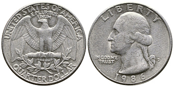 США 25 ЦЕНТОВ = КВОТЕР 1986 D, ВАШИНГТОН KM А164а медь плакированная медно-никелем 23-233