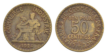 Франция 50 сантимов 1924 KM 884 алюминиевая бронза 83-337