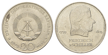 ГДР 20 марок 1972 А, Фридрих Шиллер (1759-1805) KM 40 медно-никель 4680-735