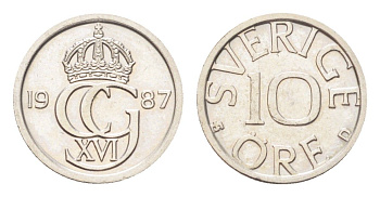 Швеция 10 эре 1987 Карл XVI Густав (1973- ) KM 850 медно-никель UNC 4705-935