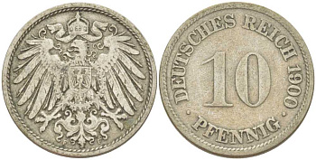 Германия 10 пфеннигов 1900 F KM 12, J. 13, Weege 8 медно-никель 259-815