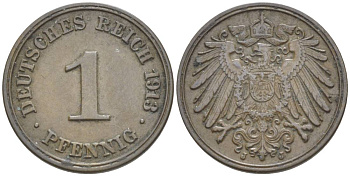 ГЕРМАНИЯ 1 ПФЕННИГ 1913 J KM 10, Jager. 10, Weege 2 медь 4528-714