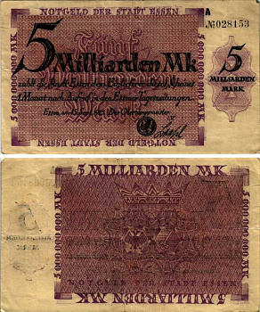 ЭССЕН, ГЕРМАНИЯ 5000000000 МАРОК 1923 НОТГЕЛЬД, ЗЕМЛЯ СЕВЕРНЫЙ РЕЙН-ВЕСТФАЛИЯ, 15 СЕНТЯБРЯ 1923, СЕРИЯ А ARNOLD KELLER 1415f бумага 8518-46-2-2