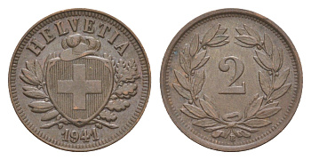 Швейцария 2 раппена 1941 KM 4.2a бронза 4630-622