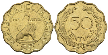 Парагвай 50 сентимо 1953 лев, фригийский колпак на шесте KM 28 алюминиевая бронза  aUNC  4176-921