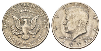 США 1/2 доллара (50 центов) 1972 D, Джон Кеннеди KM 202b медь плакированная медно-никелем aUNC 3855-331