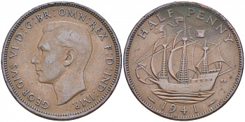 Великобритания 1/2 пенни 1941 Георг VI (1936-1952) KM 844, Spink 4115 бронза 68-124