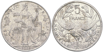 Французская Новая Каледония 5 франков 2008 птица кагу, (IEOM) KM 16, Schoen 12, Lec 81k алюминий 215-923