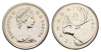 Канада 25 центов 1984 Елизавета II (1952-2022), олень KM 74 никель PROOF-LIKE (BU) 4631-944