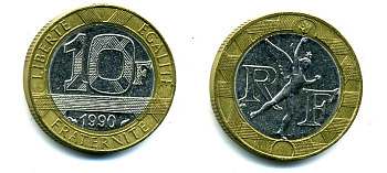 Франция 10 франков 1990 тип Гений Бастилии KM 964.1, Le Frank 375.5 биметалл 37-144