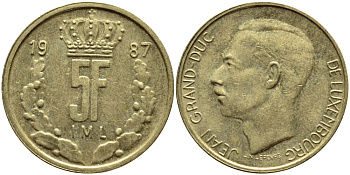 ЛЮКСЕМБУРГ 5 ФРАНКОВ 1987 БОЛЬШАЯ КОРОНА KM 60.2 латунь 4397-513