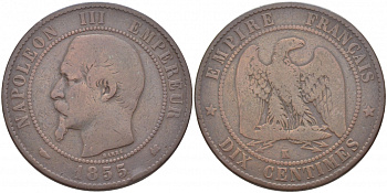 ФРАНЦИЯ 10 САНТИМОВ 1855 K, НАПОЛЕОН III (1852-1870) KM 771.5, LE FRANC 133.26 бронза 114-1232