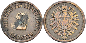 Германия 2 пфеннига 1876 A, старогербовка KM 2, Jager 2, Weege 3 медь 4546-555