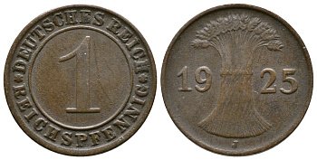 ГЕРМАНИЯ 1 РЕЙХСПФЕННИГ 1925 J KM 37, J. 313 бронза 4380-1133