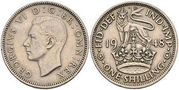 Великобритания 1 шиллинг 1948 Георг VI (1936-1952), Английский герб KM 863, Spink 4103 медно-никель 4126-437