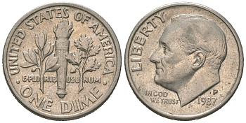 США 1 дайм = 10 центов 1987 P KM 195a медь плакированная медно-никелем 4580-813