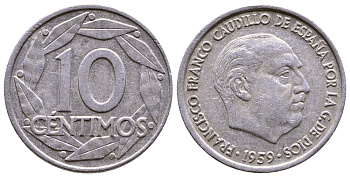 Испания 10 сентимо 1959 Франсиско Франко (1939-1975) KM 790 алюминий 176-739