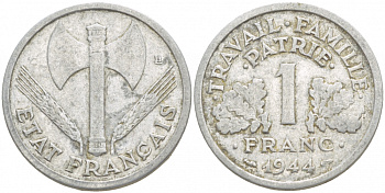 ФРАНЦИЯ 1 ФРАНК 1944 С, ТИП LEGERE, ПРАВИТЕЛЬСТВО ВИШИ KM 902.2, LE FRANC 223.7 алюминий 4541-143