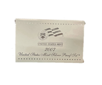 США полный годовой набор из 14 монет (1, 5, 10 (дайм) и 25 (квотер) центов; 1/2 (50 центов) и 1 доллар) 2007 в оригинальной упаковке с сертификатами KM 468, 381, 195a, A202b, 310, 396, 397, 398, 399, 400, 401, 402, 403 и 404 PROOF 5-4-1-18