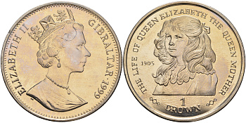 Гибралтар 1 крона 1999 жизнь королевы Елизаветы (королевы матери), 1905 год KM 835 медно-никель UNC 00-00