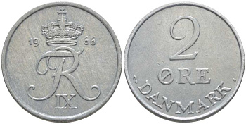 ДАНИЯ 2 ЭРЕ 1966 C;S, ФРЕДЕРИК IX (1947-1972) KM 840,2 цинк 202-712