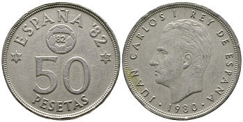 Испания 50 песет 1980 (82) Хуан Карлос, чемпионат мира по футболу Испания 82 KM 819 медно-никель 4680-135