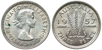 Австралия 3 пенса 1957 m, Елизавета II (1952-2022) KM 57 серебро 71-519