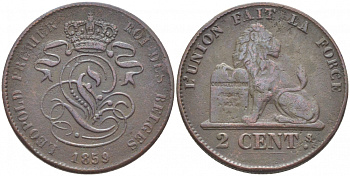 БЕЛЬГИЯ 2 САНТИМА 1859 BELGES KM 4.2 медь 110-536