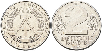 ГДР 2 марки 1957 А KM 14 алюминий UNC 4574-524