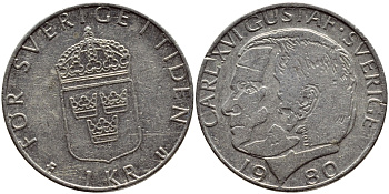 Швеция 1 крона 1980 Карл XVI Густав (1973- ) KM 852 медь плакированная медно-никелем 4397-931