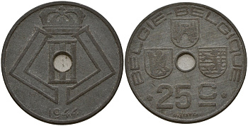 Бельгия 25 сантимов 1944 Belgie - Belgique, Леопольд III (1934-1947), германская оккупация, Вторая мировая война KM 132 цинк 4157-624