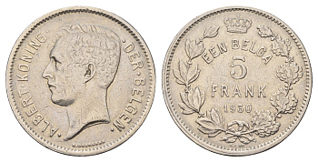 Бельгия 5 франков 1930 Belgen, Альберт I KM 98 никель 4123-112
