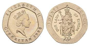 Гибралтар 20 пенсов 1988 KM 16 медно-никель UNC 4668-525