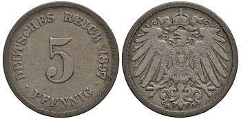 Германия 5 пфеннигов 1897 G KM 11, Jager 12, Weege 6 медно-никель 4547-355