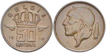 БЕЛЬГИЯ 50 САНТИМОВ 1958 BELGIE, БОДУЭН I (1951-1993) KM 149.1 бронза 214-164
