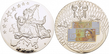 НИДЕРЛАНДЫ МЕДАЛЬ 2002 ПОХИЩЕНИЕ ЕВРОПЫ, КУПЮРА 50 ЕВРО ЕВРОПРОБА, СЕРЕБРЕНИЕ, ЦВЕТНАЯ ЭМАЛЬ, ДИАМЕТР 50 ММ. ВЕС 54 ГР. медно-никель PROOF 01-240-54
