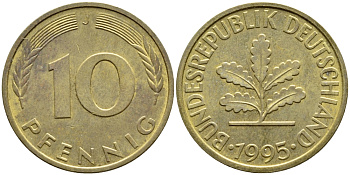 ФРГ 10 ПФЕННИГОВ 1995 J KM 108, J.383 сталь плакированная латунью 4393-741