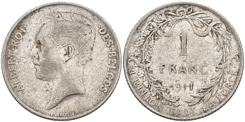 Бельгия 1 франк 1911 Альберт I (1909-1934), Des Belges KM 72 серебро 106-425