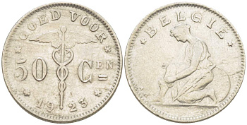 БЕЛЬГИЯ 50 САНТИМОВ 1923 BELGIE KM 88 никель 4516-1252