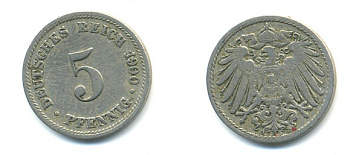ГЕРМАНИЯ 5 ПФЕННИГОВ 1900 D, KM 11, J. 12 медно-никель 4379-516