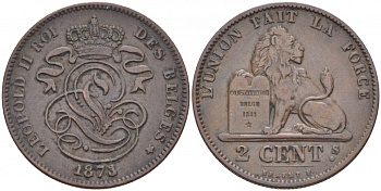 Бельгия 2 сантима 1873 Des Belges, Леопольд II (1865-1909) KM 35.1 медь 110-146